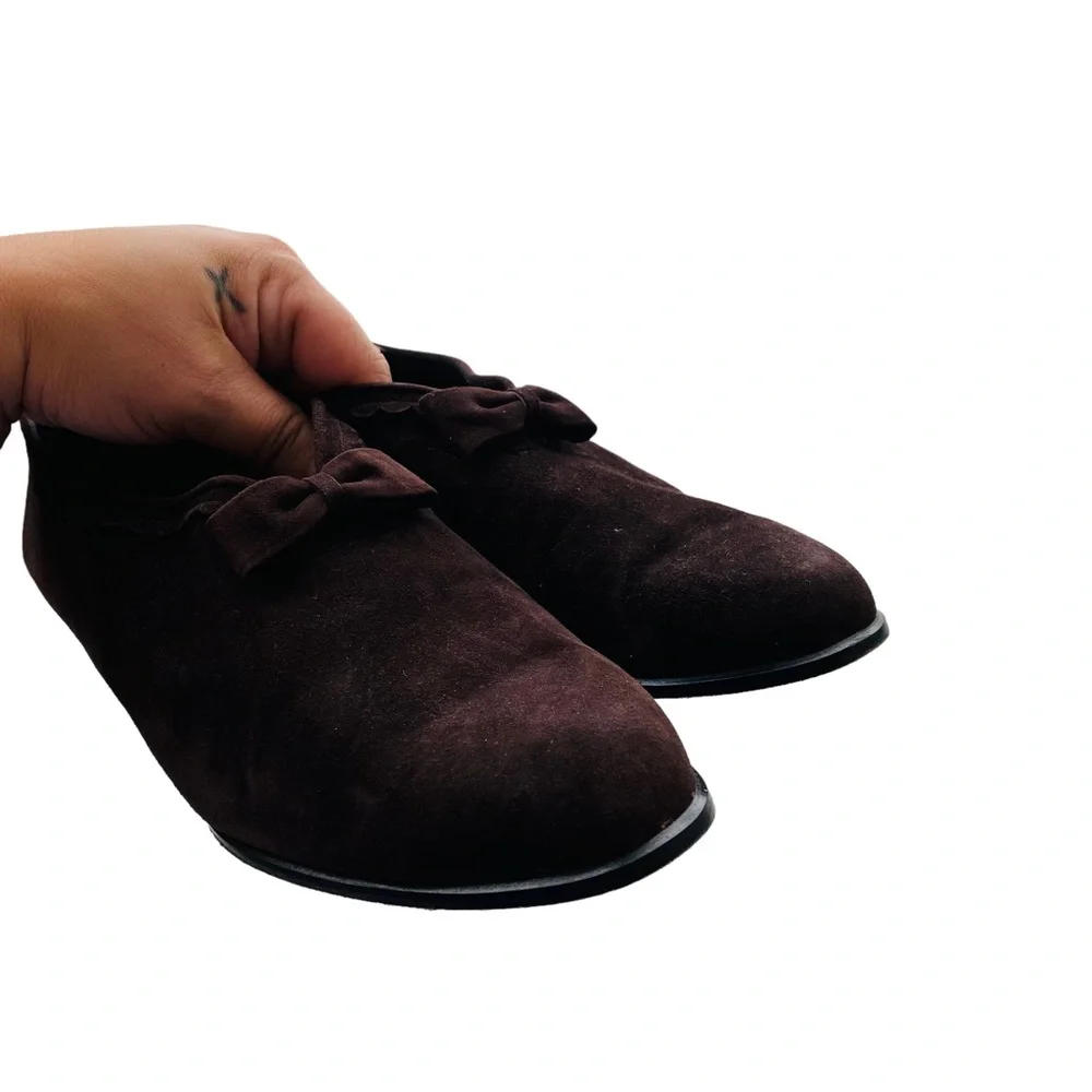 Stuart Weitzman Vintage Chocolate Suede Leather Flat‎ Bow Loafers